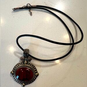 Mexican Sterling Silver Pendant Necklace with Red Agate Boho Leather Cord 925